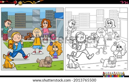 Cartoon illustration of kids and dogs characters group in the city coloring book page