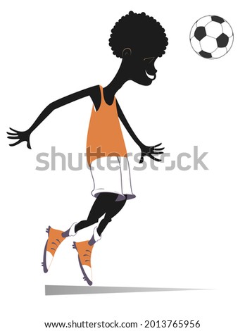 Smiling young African man playing football illustration. Cartoon black football player beats a football by head isolated on white