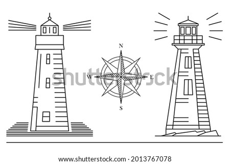 Lighthouse and compass vector icon set. Black line art. Simple illustration with lighthouses and navigation compass. 