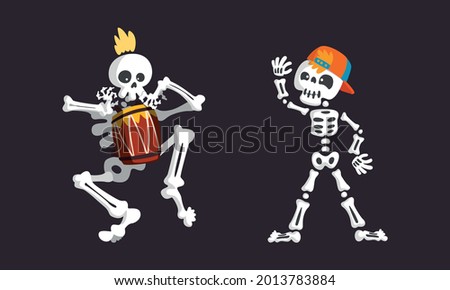 Bony Skeleton Character Waving Limb and Playing Drum Vector Set