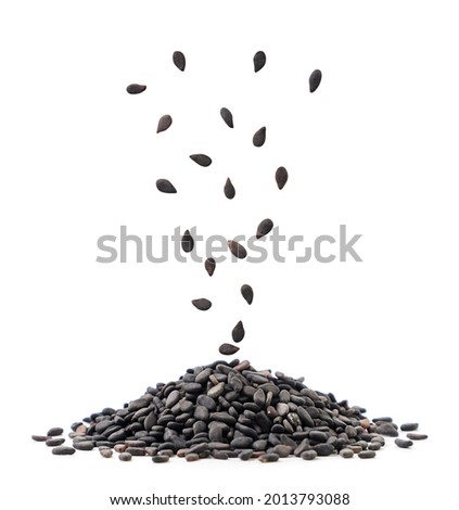 Black sesame seeds fall on a heap close-up on a white background, levitating sesame seeds. Isolated Royalty-Free Stock Photo #2013793088