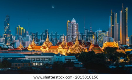 Night scene skyline view cityscape of The Golden Grand Palace of Bangkok, Thailand.  Temple of Siam the Emerald Buddha, famous landmark tourism, Amazing beautiful destination of Thailand
