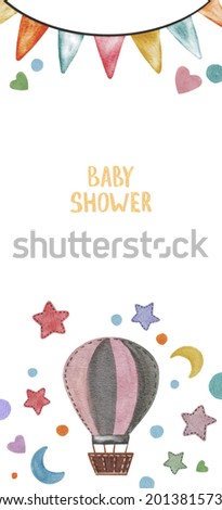 Hand drawing watercolor baby shower illustration isolated on white background. Balloon with moon, stars, hearts and flags. Use for poster, print, card, postcard, flyers p, invitation, celebration