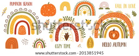 Autumn pumpkin clip art, autumn rainbow set. Thanksgiving pumpkin, fall floral elements, cute arches