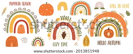 Autumn pumpkin clip art, autumn rainbow set. Thanksgiving pumpkin, fall floral elements, cute arches