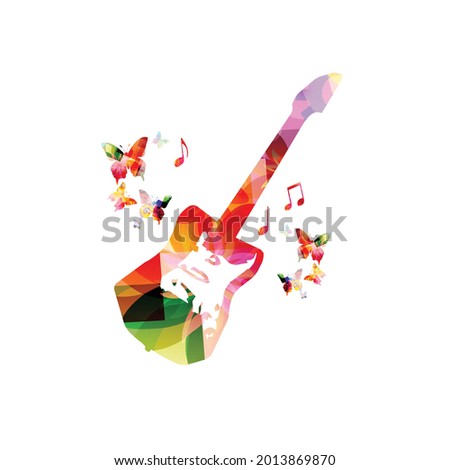 Electric guitar with musical notes isolated for live concert events, jazz music festivals and shows, party flyer. Musical promotional poster with musical instrument colorful vector illustration
