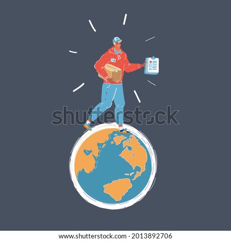 Cartoon vector illustration of courier man walk around Earth globe on dark backround.
