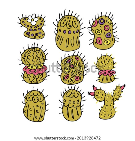 Hand drawn vector collection of bright green cacti. Perfect for T-shirt, textile and prints. Hand drawn illustration for decor and design.
