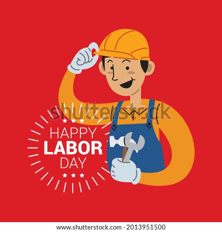 Happy labor day concept. Worker character smiling vector illustration 