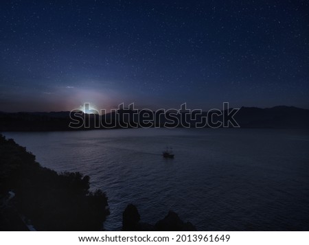 milky way over a lake at summer night with clear skies under moonlight. Turkey nature at night.
