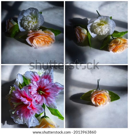 flowers, plastic flowers, some flowers made of plastic, with photos merged into several photos