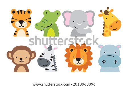 Safari jungle animals including a tiger, crocodile, alligator, elephant, giraffe, monkey, zebra, lion, and hippo. Vector illustration of jungle animal faces and heads.