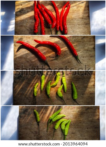 photo of chili, some red and green chilies are arranged into several parts. merged into four photos