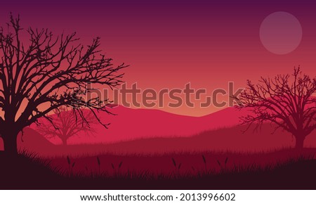 Incredible panoramic mountains views from the outskirts of the city at twilight in the evening. Vector illustration of a city