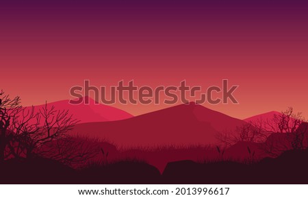 Stunning mountains view from the countryside at dusk in the afternoon. Vector illustration of a city