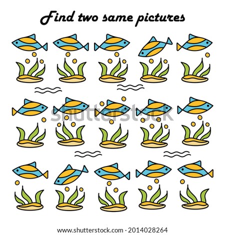 Find two same pictures. . A puzzle game for children. Underwater world, fish and algae. Logical worksheet for school kids. Vector illustration.