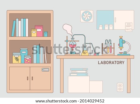 scientific laboratory laboratory. Experimental equipment is placed on the table and there is a bookshelf next to it. outline simple vector illustration.