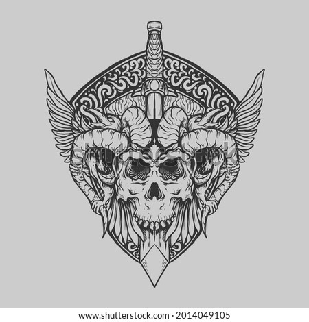 tattoo and t shirt design black and white hand drawn devil skull with sword engraving ornament