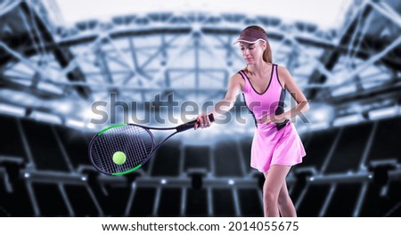 Portrait of a tennis player in a pink dress against the background of a sports arena. Mixed media