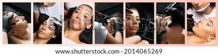 Beautician applying pigment into female brows. Closeup photos of work process. Collage