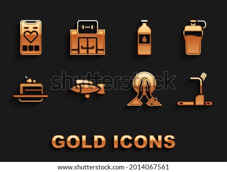 Set Fish, Fitness shaker, Treadmill machine, Meditation, Cake, Bottle of water, Mobile with heart rate and Gym building icon. Vector