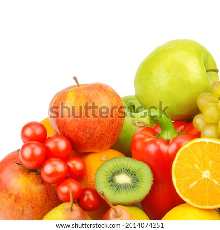 Fruits and vegetables on a platter isolated on a white background. There is free space for text.