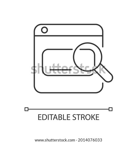 Search engines linear icon. Looking up information on Internet. Using keywords, phrases. Thin line customizable illustration. Contour symbol. Vector isolated outline drawing. Editable stroke Royalty-Free Stock Photo #2014076033