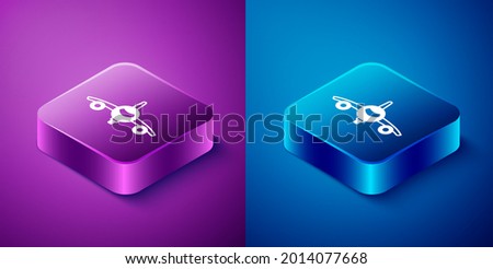 Isometric Plane icon isolated on blue and purple background. Flying airplane icon. Airliner sign. Square button. Vector