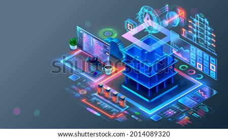 Smart house system programming software. Engineering development of building construction, communication, electricity. Design in CAD programs of Smart building. AI of IOT. Architectural 3d plan. Royalty-Free Stock Photo #2014089320