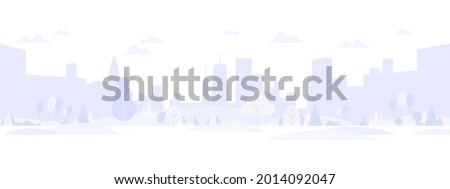Light gray cityscape background. City buildings with trees at park view. Monochrome urban landscape with street. Modern architectural panorama in flat style. Vector illustration horizontal wallpaper Royalty-Free Stock Photo #2014092047