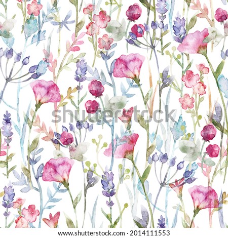 Beautiful floral seamless pattern with cute watercolor hand drawn abstract wild flowers. Stock illustration.