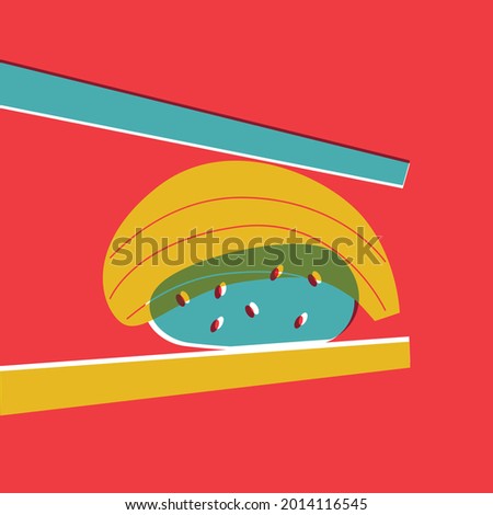 Flat vector icon of appetizing sushi. Abstract Sushi flat minimalism. Colored Asian Cuisine. Funny colored typography poster, apparel print design, bar menu decoration. Isolated. EPS 10. 