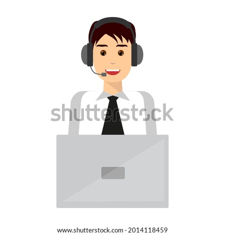 Young man and woman wearing headsets conceptual of client services and communication. Call center service job character.  Technical support, customer service concepts. 