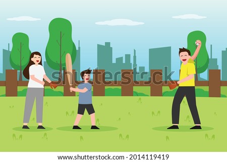 Quality time vector concept: Young parents and little son playing baseball together while enjoying quality time in the park