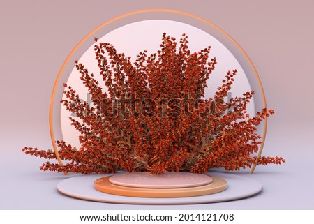 3d podium with autumn color palette and orange tree on pastel background for product display advertisement.