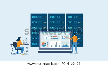 business technology cloud computing service concept and datacenter storage server connect on cloud with administrator and developer team working on dashboard monitor concept Royalty-Free Stock Photo #2014122131
