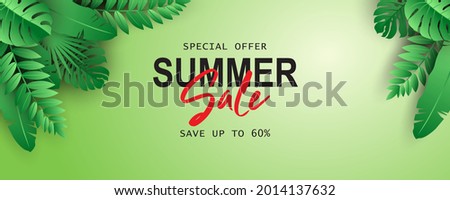 Summer sale banner with summer tropical leaves