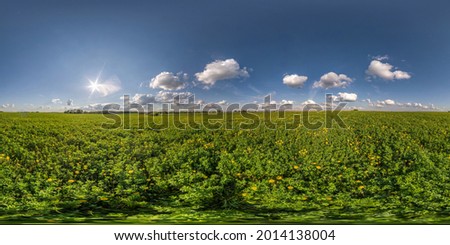 full seamless spherical hdri panorama 360 degrees angle view on among green farming fields in summer day with awesome clouds in equirectangular projection, ready for VR AR virtual reality content