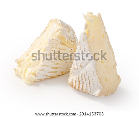 Fresh camembert cheese isolated. Two camembert cheese pieces on white background. Royalty-Free Stock Photo #2014153703