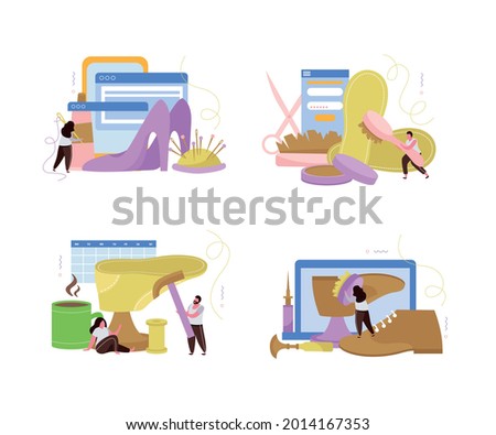 Flat compositions set with male and female shoemakers repairing and cleaning shoes isolated vector illustration