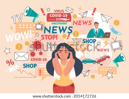 Woman having headache from tv and online news, breaking stories, flat vector illustration. Girl can not stand too much information. Coronavirus cases, vaccination, traffic accidents. News noise. Royalty-Free Stock Photo #2014172726