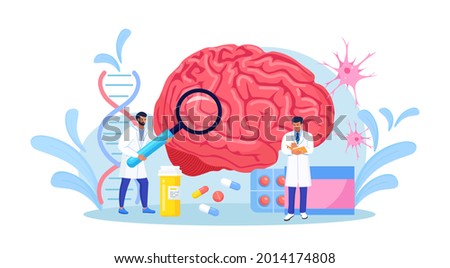 Scientist study human brain and psychology. Doctor neurologist character examine huge organ and diagnosis controlled pills treatment. Neurology disease diagnostics. Treating headache, migraine. Royalty-Free Stock Photo #2014174808