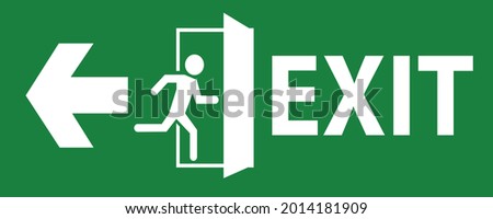 emergency fire exit sign with running man icon to door. warning sign plate