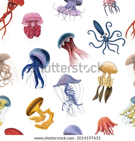 Seamless pattern with multicolored jellyfishes. Sea collection can be used for wallpaper, website background, textile. Hand draw illustration.  White background. Isolated elements for ease of use.