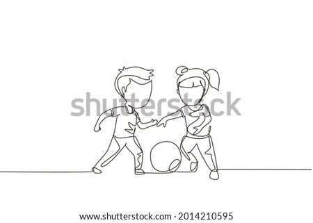 Continuous one line drawing boy and girl playing football together. Two happy little kids playing sport at playground. Children kicking ball by foot between them. Single line design vector graphic