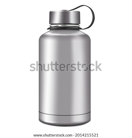 Blank insulated water bottle isolated on white background, realistic vector mock-up. Stainless steel shiny metal sport flask, mockup. Template for design