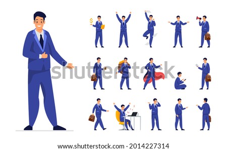 Businessman office worker design set. Flat vector illustration isolated on white background. Male cartoon character clerk or manager in business suit in different poses