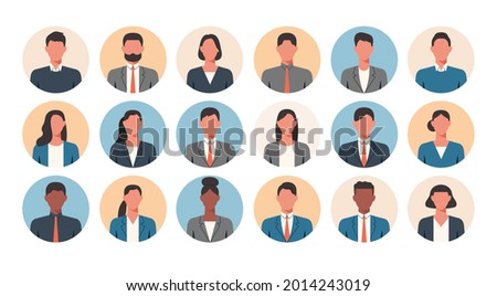 People portraits of faceless businessmen and businesswomen, men and women face avatars isolated at round icons set, flat vector illustration
