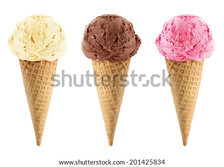 Chocolate, vanilla and strawberry Ice cream in the cone on white background with clipping path. Royalty-Free Stock Photo #201425834