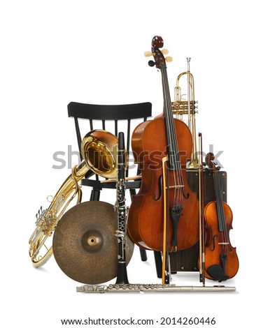 Set of different musical instruments on white background Royalty-Free Stock Photo #2014260446